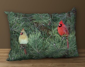 Cardinal Pair Designer Lumbar Pillow, Red Bird Cushion