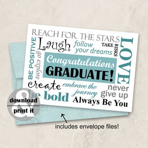 Carte imprimable de remise des diplômes, téléchargement immédiat, félicitations pour les diplômés, 5 x 7 pouces, avec 2 fichiers enveloppe DIY, par Hutton Hill Designs