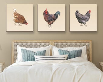 Set of 3 Chicken Canvas Prints, Chicken Wall Art, Modern Farmhouse Decor