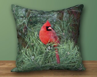 Red Cardinal Designer Pillow, Red Bird Cushion, Nature-Inspired Decor