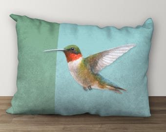 Hummingbird Designer Lumbar Pillow, Blue Green Hummingbird Cushion, Nature-Inspired Decor