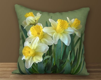 Sunny Daffodils Designer Pillow, Floral Cushion, Spring Decor