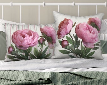 Set of 2 Pink Peony Designer Pillows, Floral Cushions
