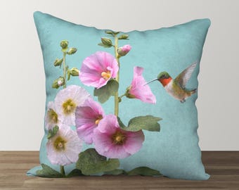 Hummingbirds & Hollyhocks Designer Pillow, Floral Cushion, Nature-Inspired Decor