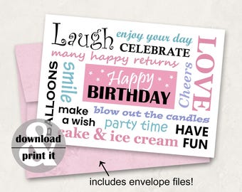 Printable Birthday Card in Pink, Instant Download Card Including 2 DIY Envelope Files