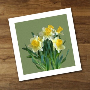 May include: A bouquet of yellow and white daffodils with green leaves against a green background.