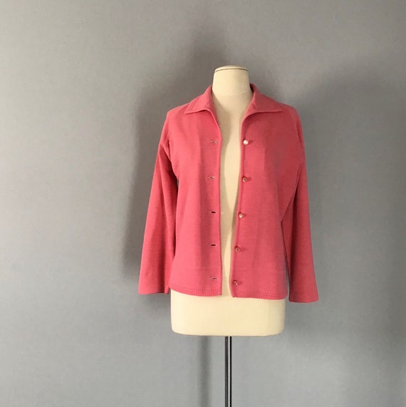 Sixties Cardigan, Salmon Pink Knit Collared Cardi,