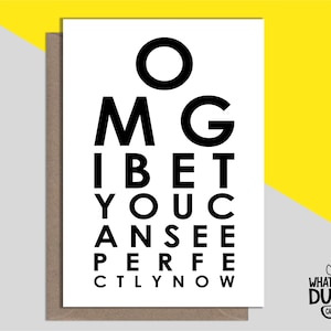 Carte d'opération des yeux faite maison, coquine et amusante pour un rétablissement rapide grâce à une opération de la cataracte et une correction au laser par What the Duck Cards - EYE TEST