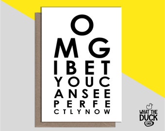 Cheeky & Funny Homemade Eye Operation Card For Get Well Soon With Cataract Surgery And Laser Correction By What the Duck Cards - EYE TEST