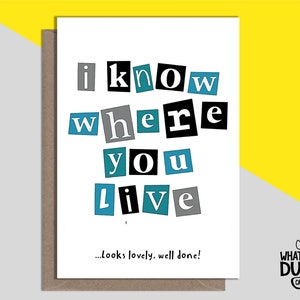Onbeleefd en grappig zelfgemaakte huisverwarmende wenskaart voor verhuizen, net verhuisd, nieuw huis en nieuwe huiseigenaar door What the Duck Cards - LIVE