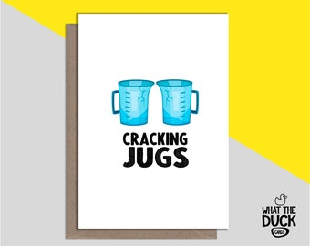 Unhöfliche und lustige selbstgemachte Brustjob-Karte für Brustvergrößerung, -verkleinerung, -chirurgie und -vergrößerung von What the Duck Cards – CRACKING JUGS