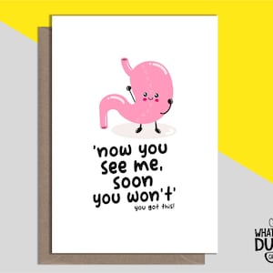 Carte de voeux de rétablissement amusante et effrontée faite main pour le rétablissement d'un anneau gastrique, d'un pontage et d'une opération chirurgicale de la manche par What the Duck Cards - GASTRIQUE