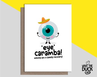 Niedliche und lustige selbstgemachte Augenoperationskarte für gute Besserung mit Kataraktoperation und Laserkorrektur von What the Duck Cards – EYES