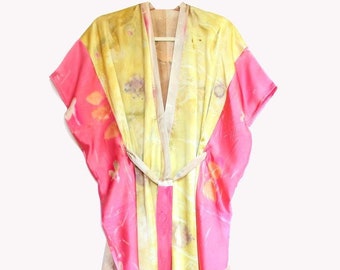 Color block silk robe: Pink, yellow, ties, duster, robe, eco print, flower dye, bride, wedding, summer