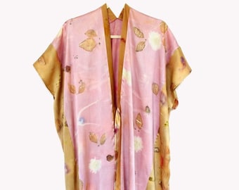 Botanically Printed Silk Wrap Dress: Color block, rose gold, bronze, eco print, kaftan, kimono, wrap
