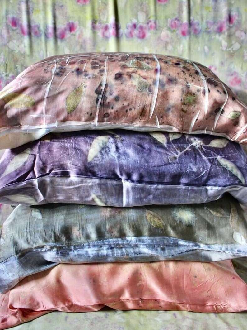 Flora Obscura organic silk pillowcase, good for hair skin, eco printed plant dyed botanical dyes, natural, organic