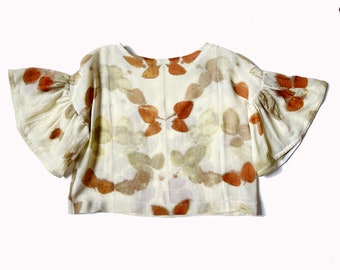 eco printed organic wool sheer blouse, cream, white, ivory, sheer, printed, natural, soft, leaves, flutter sleeves