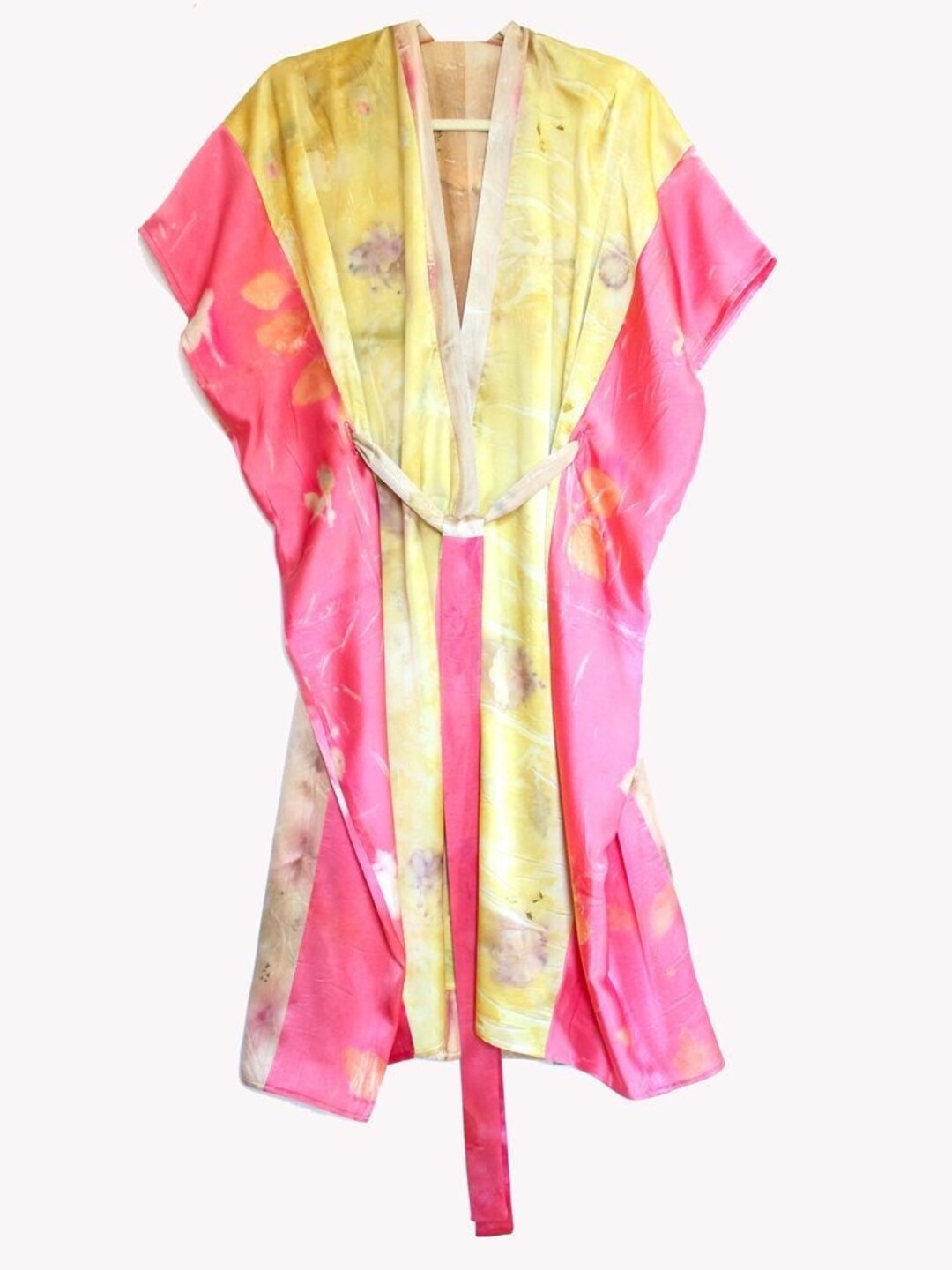 Color Block Silk Robe: Pink Yellow Ties Duster Robe Eco - Etsy