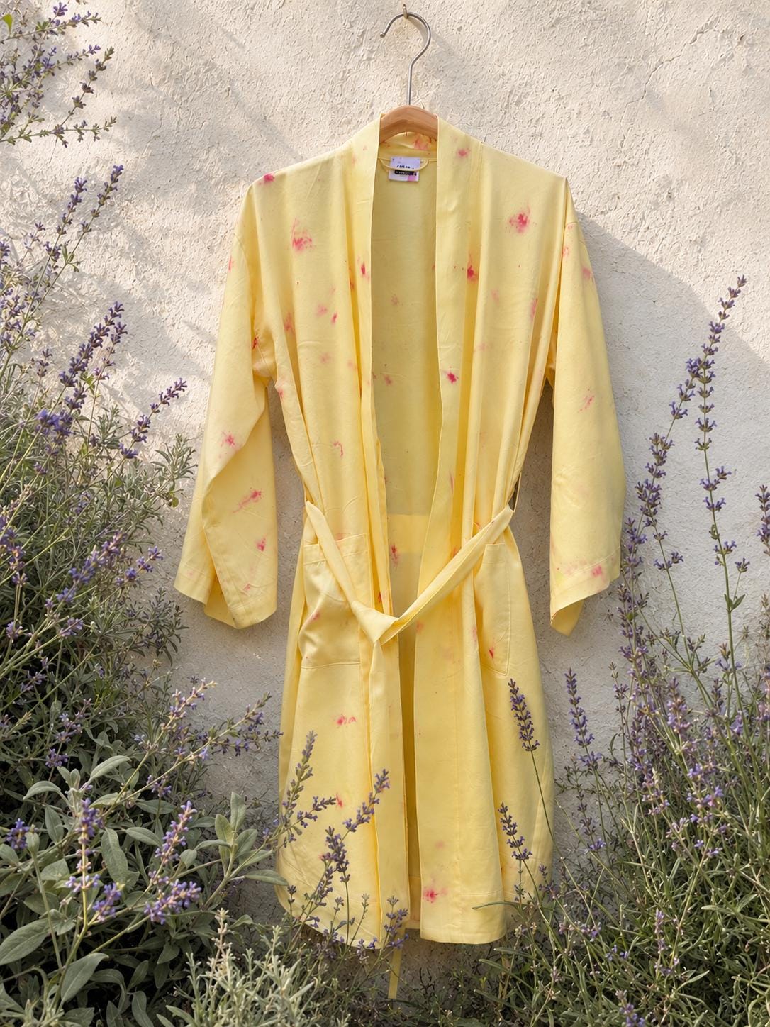 Botanically Printed Silk Robe Naturally dyed washable silk pockets sash