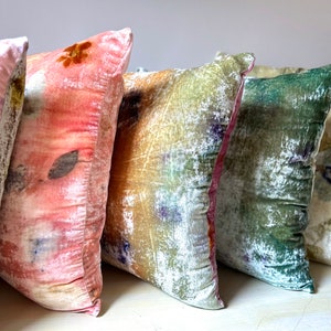 silk velvet throw pillows, gold, pink, blush, teal, indigo pillow, green, plant dye natural eco print, sustainable living decor, eco chic boho interiors, abc carpet john darien