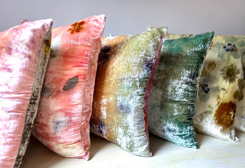 silk velvet throw pillows, gold, pink, blush, teal, indigo pillow, green, plant dye natural eco print, sustainable living decor, eco chic boho interiors, abc carpet john darien