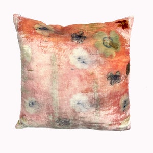 silk velvet throw pillows, gold, pink, blush, teal, indigo pillow, green, plant dye natural eco print, sustainable living decor, eco chic boho interiors, abc carpet john darien, floral, Flora Obscura