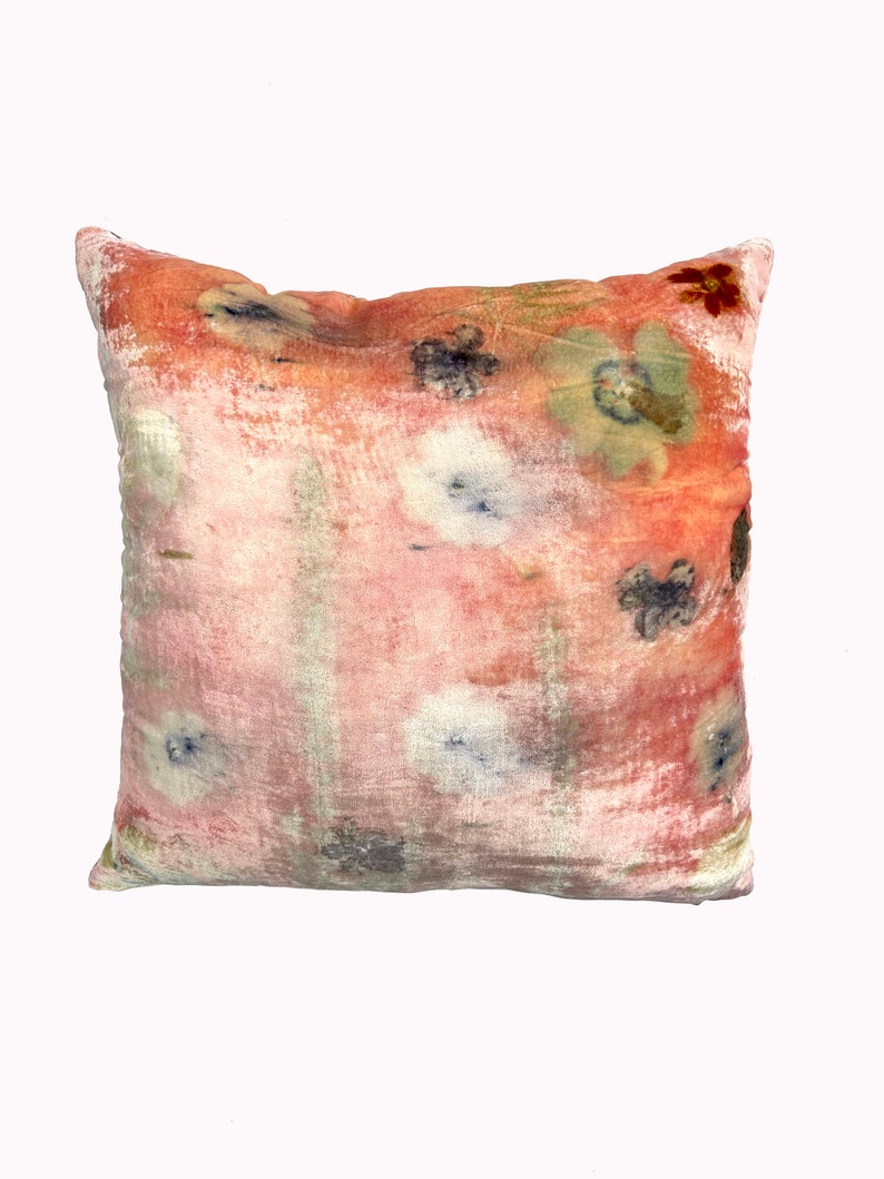 silk velvet throw pillows, gold, pink, blush, teal, indigo pillow, green, plant dye natural eco print, sustainable living decor, eco chic boho interiors, abc carpet john darien, floral, Flora Obscura