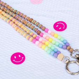 Boho pastel rainbow bead teacher lanyard, colorful lanyard, teacher gift, rainbow lanyard, colorful lanyard, badge holder, neutral lanyard