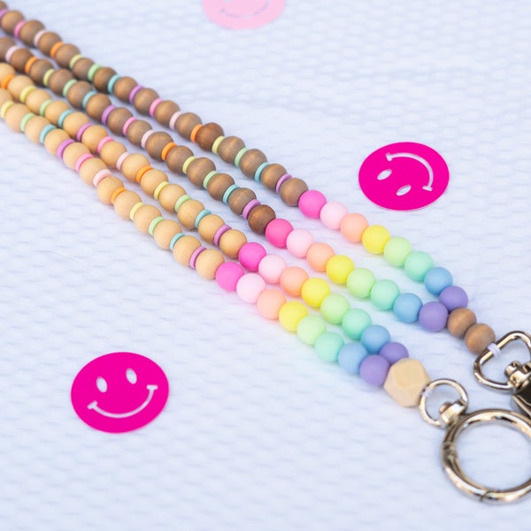 Boho pastel rainbow bead teacher lanyard, colorful lanyard, teacher gift, rainbow lanyard, colorful lanyard, badge holder, neutral lanyard