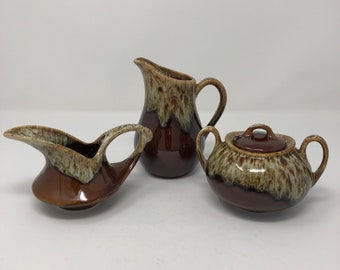 Beautiful ceramic / pottery vintage sugar and creamer set, with extra jug / pitcher