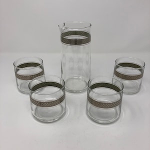 Vintage glass cocktail / martini pitcher with 4 bar glasses