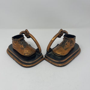 Pair of vintage metal baby shoe bookends (not perfect)