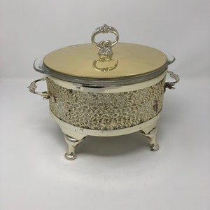 Vintage chafing dish with lid, stand, and glass casserole dish (not perfect)