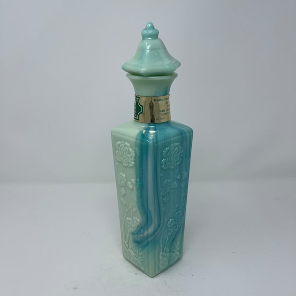 Vintage Jim Beam swirled light blue / jade milk glass decanter / bottle with stopper (not perfect, read item details)