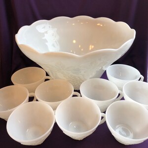 Vintage white milk glass punch bowl with 9 punch cups (not perfect)