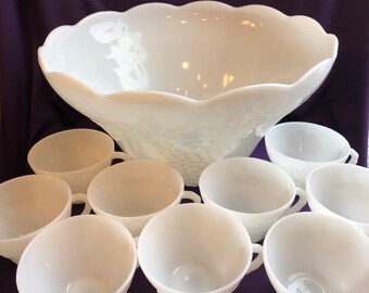 Vintage White Milk Glass Punch Bowl Set: Grape Pattern, 9 Cups