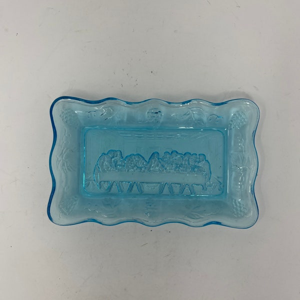 Vintage blue glass small / mini plate "the last supper"
