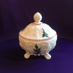 Vintage Westmoreland white milk glass candy bowl with Holly Berry Christmas design