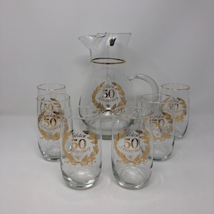 Vintage clear glass pitcher and tumbler set, Golden 50th Anniversary theme
