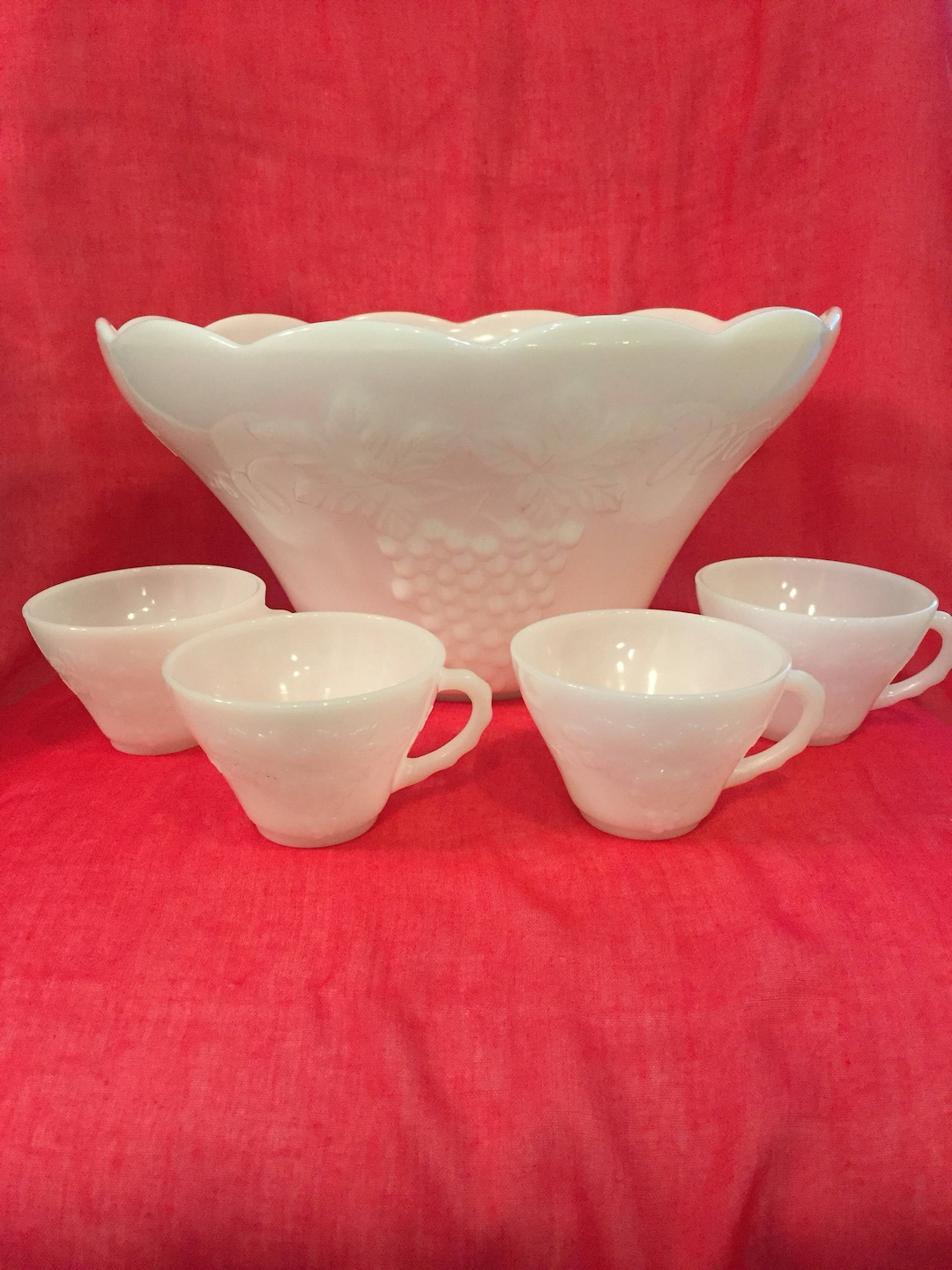 Vintage White Milk Glass Punch Bowl With 4 Punch Cups Etsy