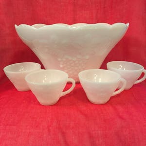 Vintage white milk glass punch bowl with 4 punch cups