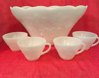 Vintage white milk glass punch bowl with 4 punch cups