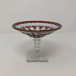 Vintage clear glass pedestal compote, with ruby red flashing