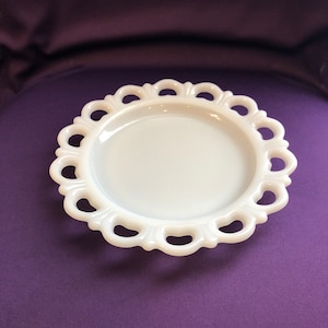 Vintage small salad / dessert plate, white milk glass with lace edge