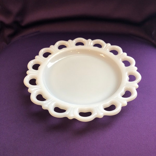 Vintage small salad / dessert plate, white milk glass with lace edge