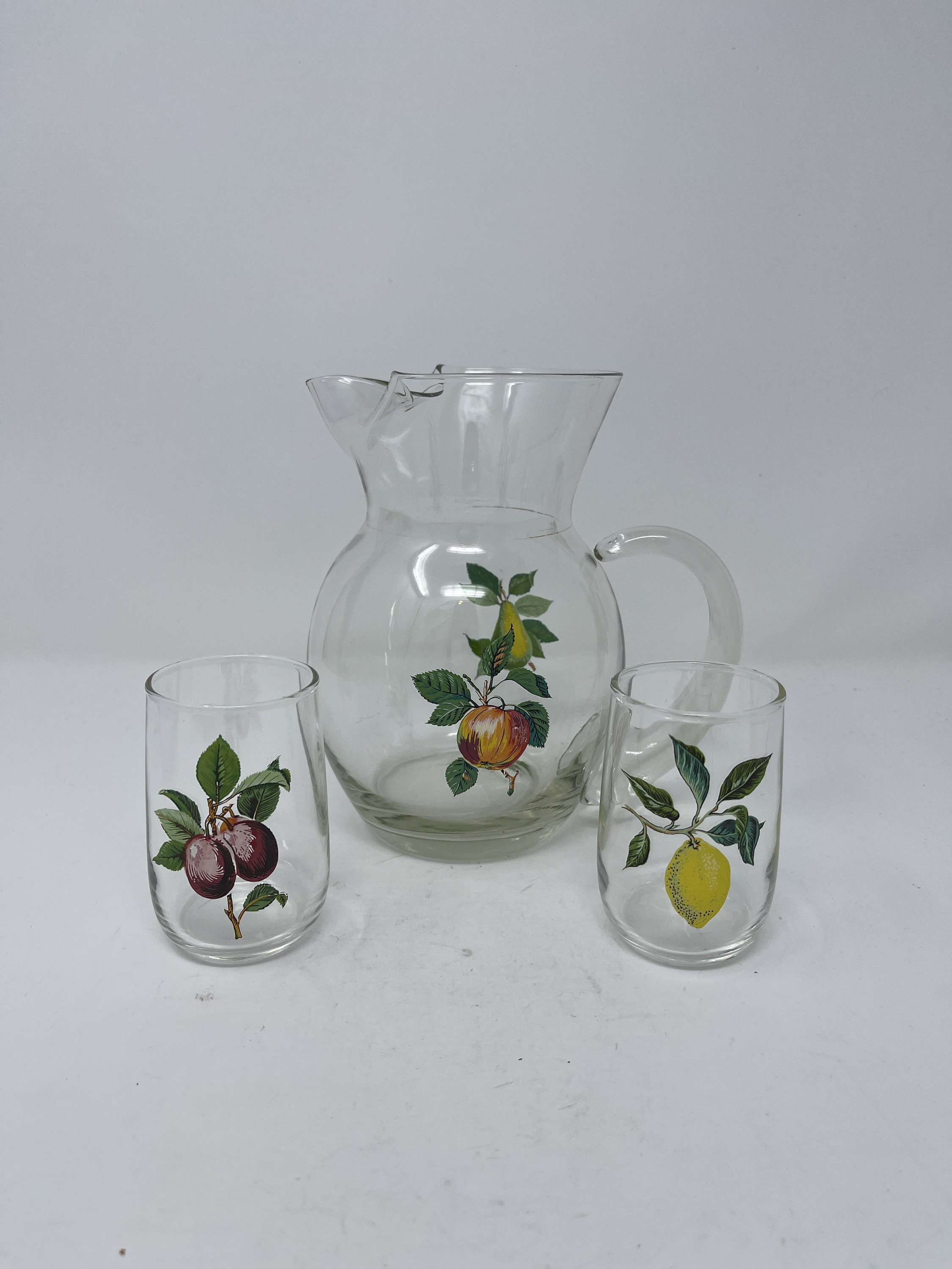 Large Glass Pitcher Jug Hand Painted Enamel Fruit Flowers Gold Rim Crystal  Clear 