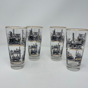 Set of 4 retro vintage glass tumblers, with applied gold & black train designs by Libbey Glass