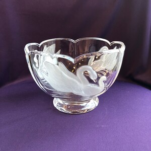 French clear crystal bowl / vase with frosted swans