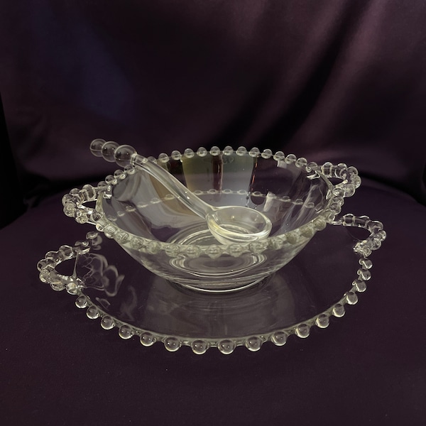 Vintage clear glass mayo bowl with underplate and spoon (light scratching)