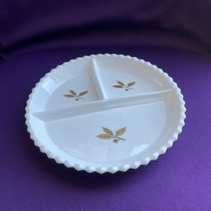 Vintage white milk glass plate, divided dish with gold trim (not perfect)